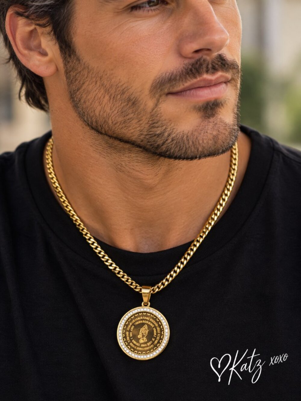 Serenity Prayer Necklace Praying Hands CZ Gold Stainless Steel 22" Medallion
